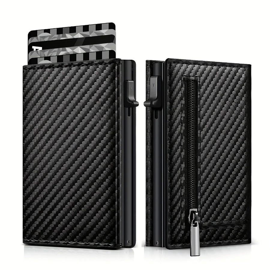 Men’s Carbon Fiber Rfid Wallet With Airtag Holder – Trifold Leather Pop-Up Card Holder, Magnetic Card Clip & Zipper Coin Pocket
