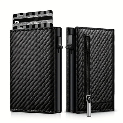 Men’s Carbon Fiber Rfid Wallet With Airtag Holder – Trifold Leather Pop-Up Card Holder, Magnetic Card Clip & Zipper Coin Pocket