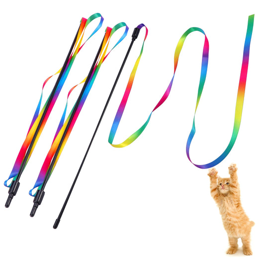 3Pcs Cat Teaser Wand Toy – Rainbow Ribbon Stick for Interactive Indoor Play