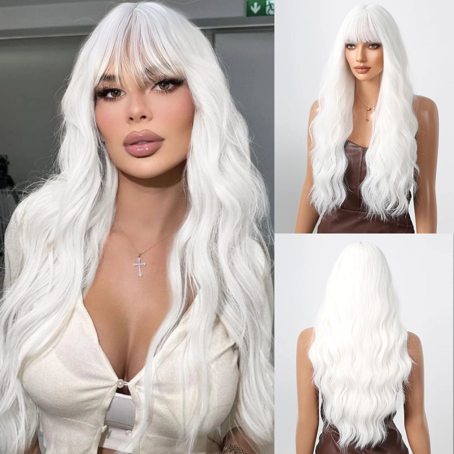 Blonde Synthetic Cosplay Wig - Long Curly White Wig with Bangs for Black Women - Heat-Resistant Fiber Water Wave Hair