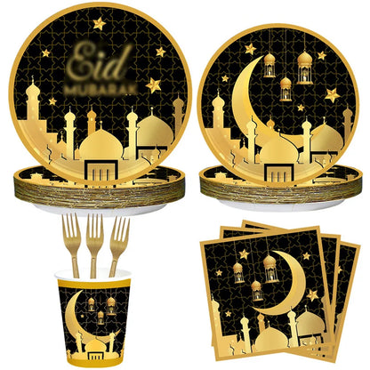 Black Gold Eid Mubarak Tableware Set – Disposable Paper Plates, Cups, Napkins for Ramadan & Eid Party Decor