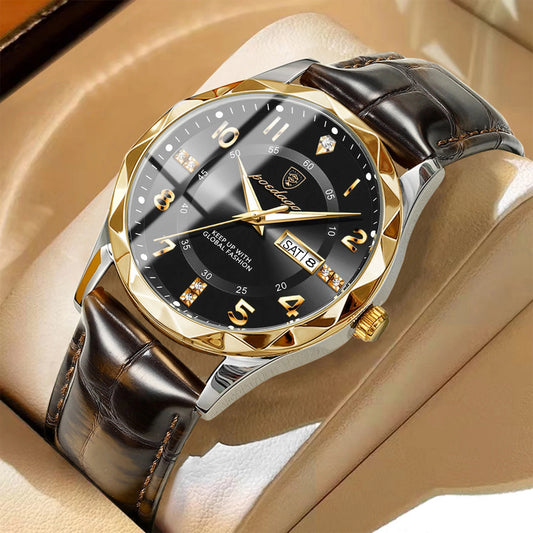 Luxury Men's Waterproof Sports Watch – Quartz Leather Wristwatch with Date & Week Display