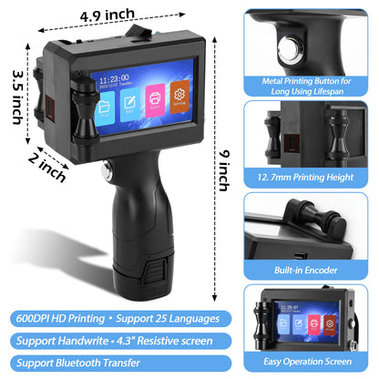 Handheld Inkjet Printer - 12.7/25.4mm QR, Barcode & Logo Coding Machine - Multi-Language, Expiry Date Printer