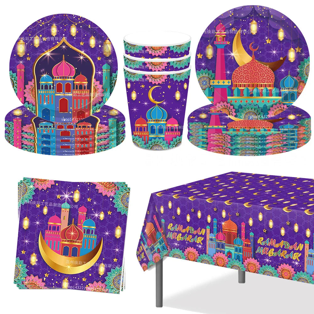 Eid Mubarak Disposable Party Tableware Set – Paper Plates, Napkins, Cups & Plastic Tablecloth for Ramadan/Eid Decor