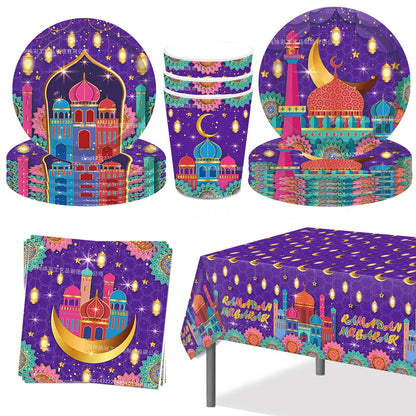 Eid Mubarak Disposable Party Tableware Set – Paper Plates, Napkins, Cups & Plastic Tablecloth for Ramadan/Eid Decor