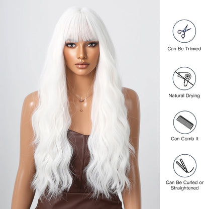Blonde Synthetic Cosplay Wig - Long Curly White Wig with Bangs for Black Women - Heat-Resistant Fiber Water Wave Hair