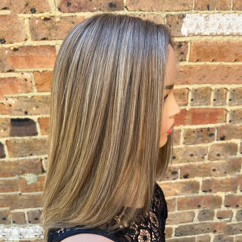 12” Brown Blonde Balayage Lace Front Wig – 100% Virgin European Human Hair Bob Wig, Pre-Plucked, HD Transparent Lace, 150% Density