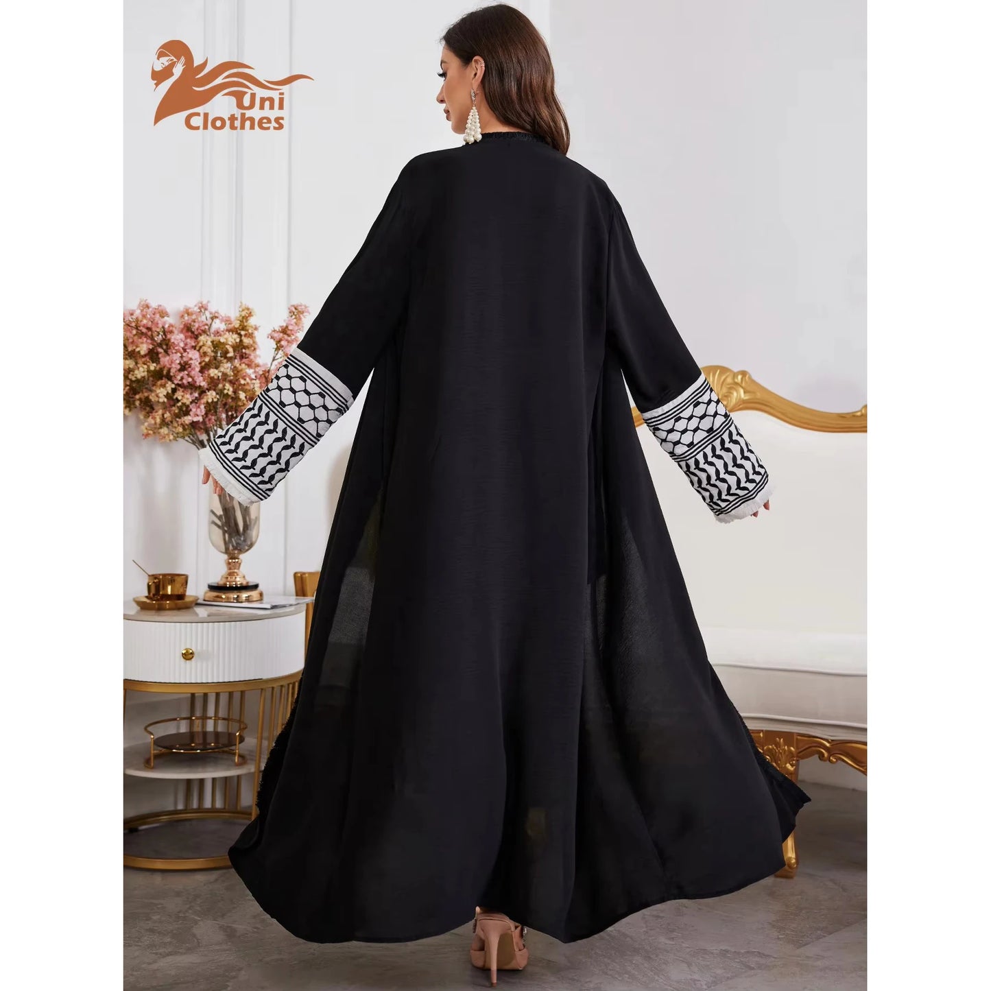 Abaya Kimono – Luxury Muslim Dubai Kaftan With Keffiyeh Embroidery & Tassels - Open Cardigan Dress For Women