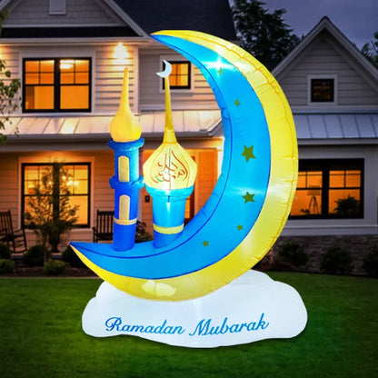 Ramadan Mubarak Inflatable Moon Decoration with Lights – Outdoor Muslim Holy Celebration Yard Decor