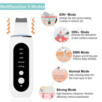 Ultrasonic Skin Scrubber - Blackhead Remover, Peeling & Pore Cleaner with Ion & Vibration Massage