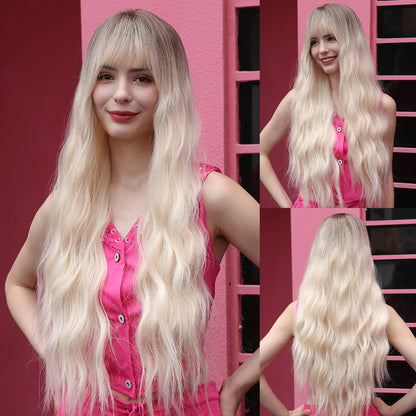 Blonde Synthetic Cosplay Wig - Long Curly White Wig with Bangs for Black Women - Heat-Resistant Fiber Water Wave Hair
