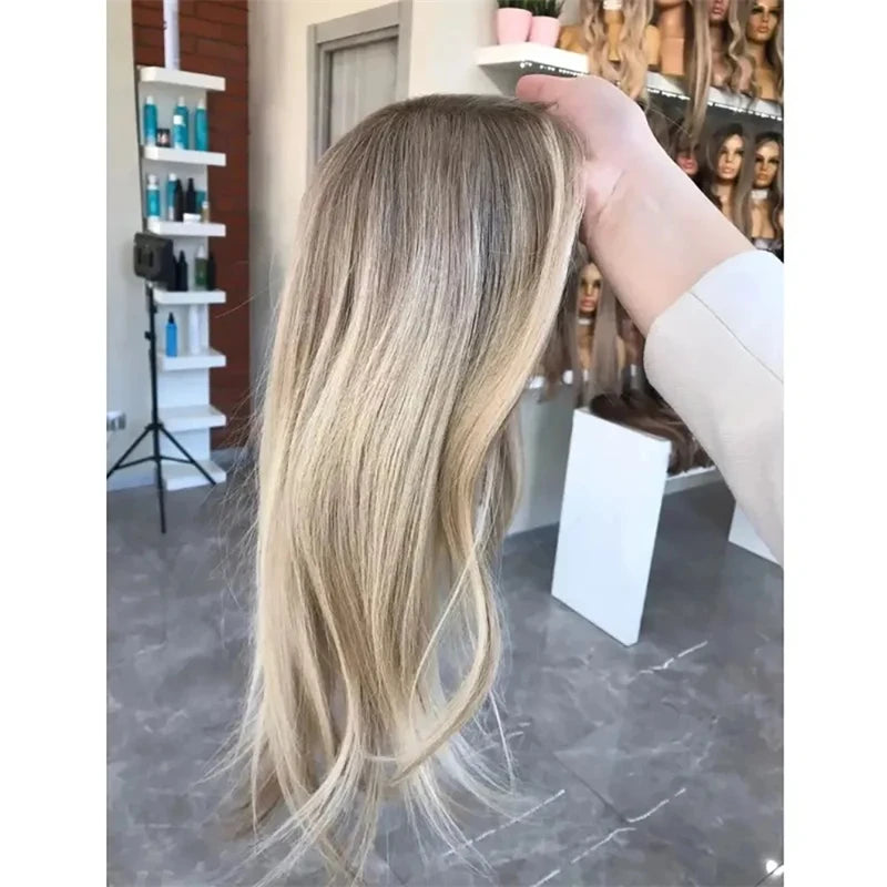 14 Inch Brown Highlight Bob Wig – Wavy Synthetic Lace Front Wig with Dark Roots, Ash Blonde, Pre-Plucked, Daily Use Wig for Women