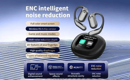 Open Ear Bluetooth Earbuds with Touch Screen Case - ANC Noise Cancelling Wireless Ear Hook Headphones