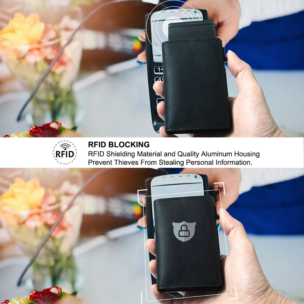 Genuine Cow Leather Airtag Wallet For Men – Rfid Blocking Slim Pop-Up Card Holder With Magnetic Closure, Minimalist Smart Wallet