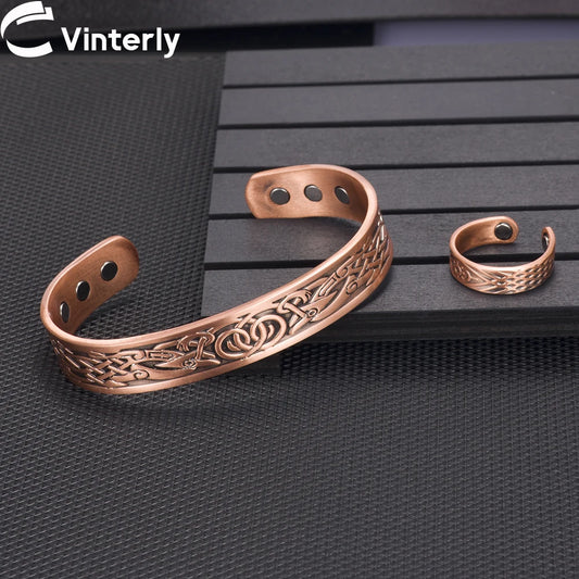 Vinterly Magnetic Copper Bracelet & Ring Set – Adjustable Health Energy Jewelry for Women & Men
