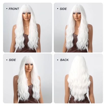 Blonde Synthetic Cosplay Wig - Long Curly White Wig with Bangs for Black Women - Heat-Resistant Fiber Water Wave Hair