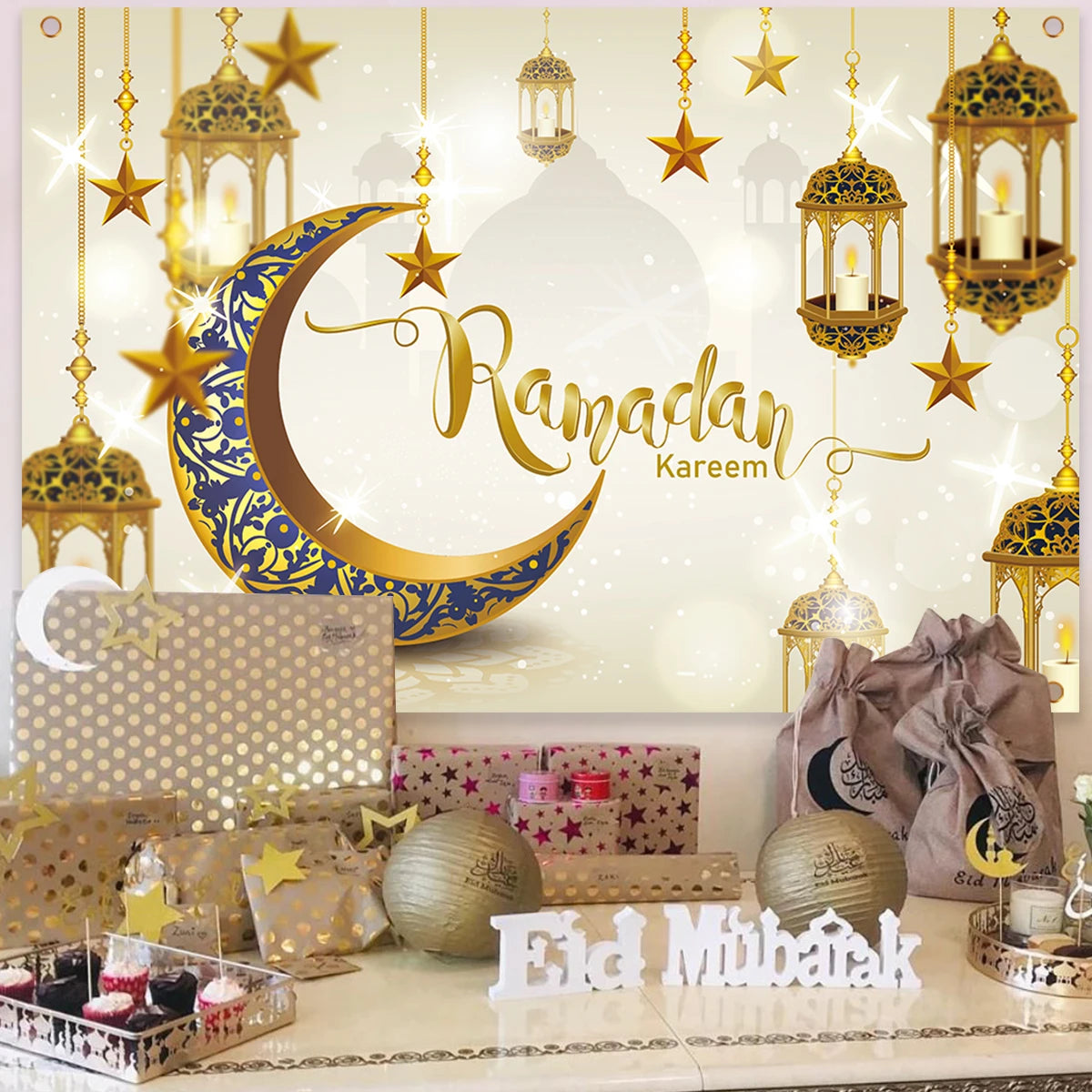 Eid Mubarak Party Backdrop – Ramadan & Eid Al Adha Islamic Home Decorations