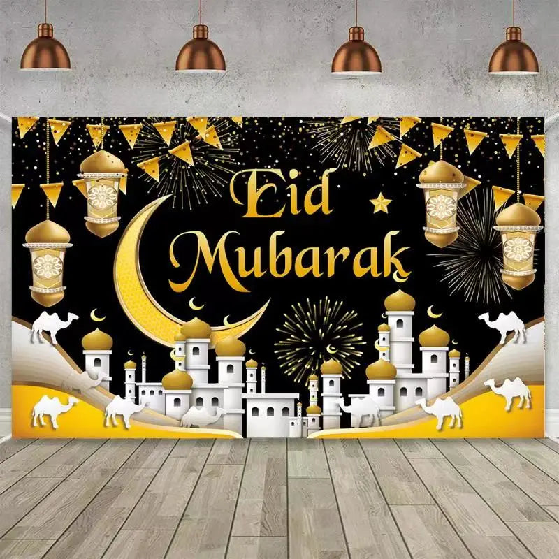 Eid Mubarak Background Cloth Banner Tablecover – Ramadan Decoration for Home & Party Supplies