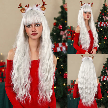 Blonde Synthetic Cosplay Wig - Long Curly White Wig with Bangs for Black Women - Heat-Resistant Fiber Water Wave Hair