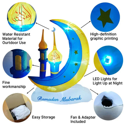 Ramadan Mubarak Inflatable Moon Decoration with Lights – Outdoor Muslim Holy Celebration Yard Decor