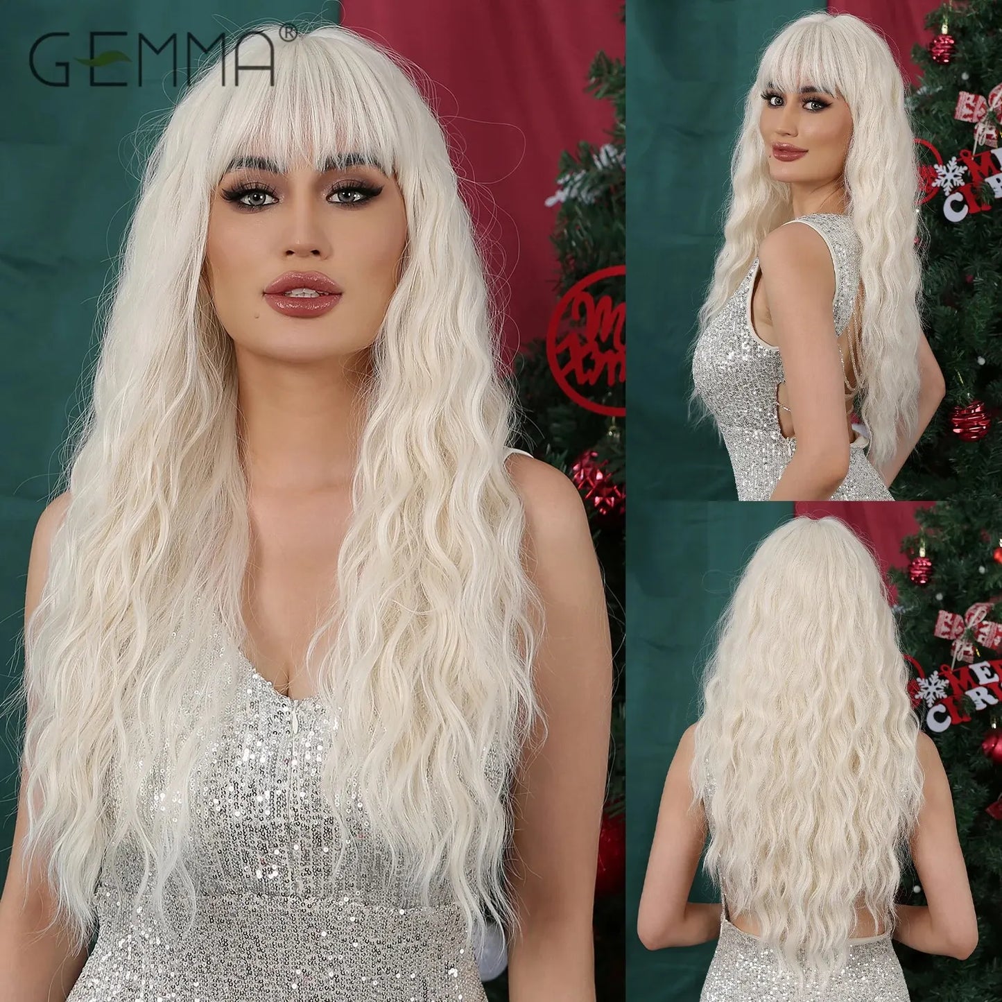 Blonde Synthetic Cosplay Wig - Long Curly White Wig with Bangs for Black Women - Heat-Resistant Fiber Water Wave Hair