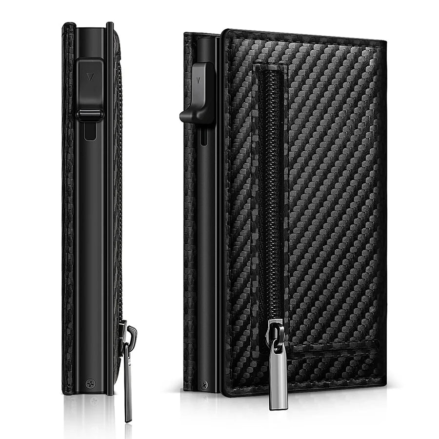 Men’s Carbon Fiber Rfid Wallet With Airtag Holder – Trifold Leather Pop-Up Card Holder, Magnetic Card Clip & Zipper Coin Pocket