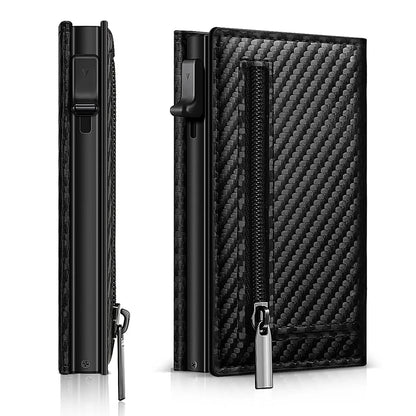 Men’s Carbon Fiber Rfid Wallet With Airtag Holder – Trifold Leather Pop-Up Card Holder, Magnetic Card Clip & Zipper Coin Pocket