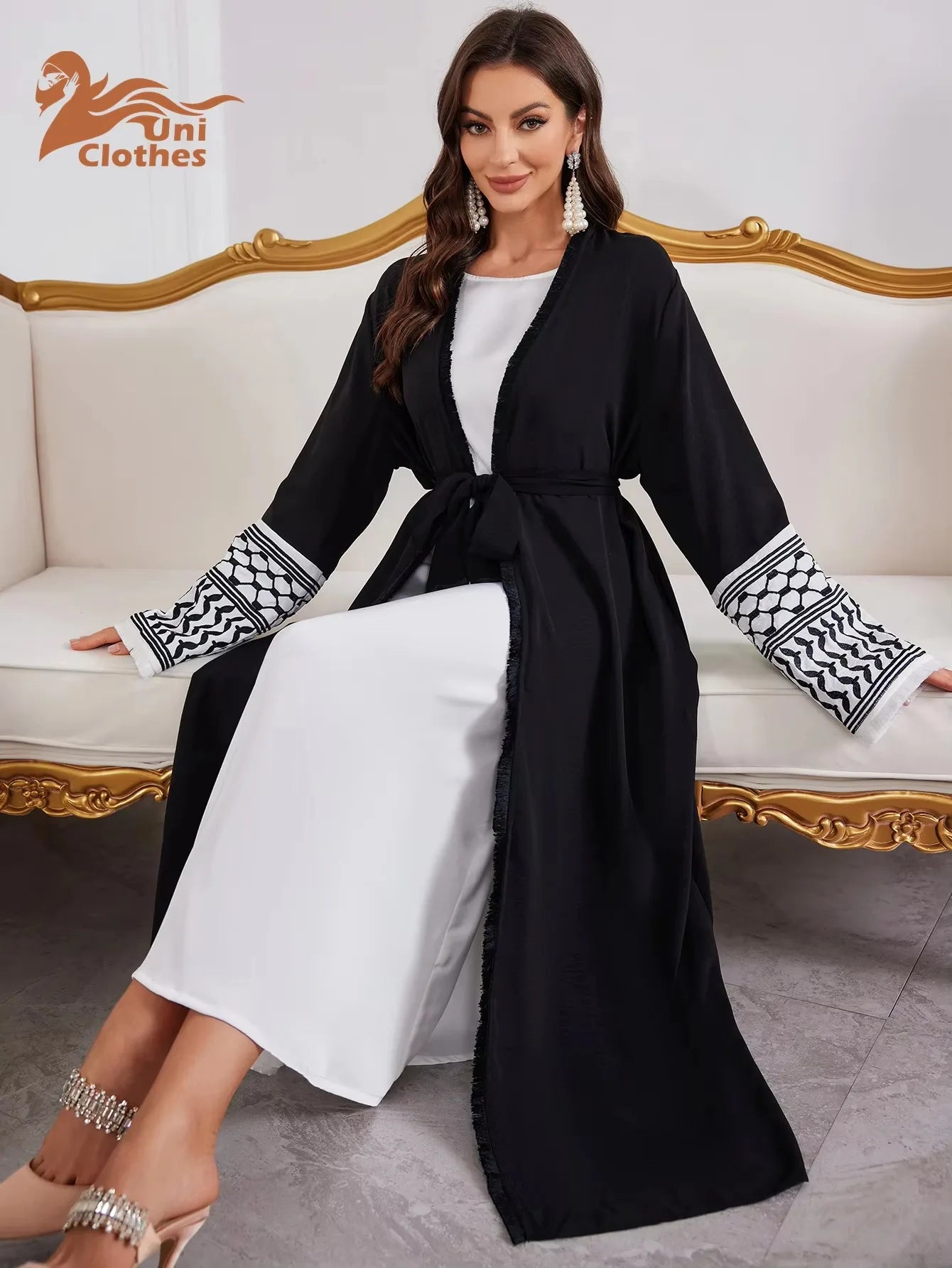 Abaya Kimono – Luxury Muslim Dubai Kaftan With Keffiyeh Embroidery & Tassels - Open Cardigan Dress For Women