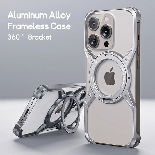 Metal Aluminum Alloy Magnetic Frameless Phone Case for iPhone 13/14/15 Pro Max - 360° Rotating Bumper, Shockproof Design