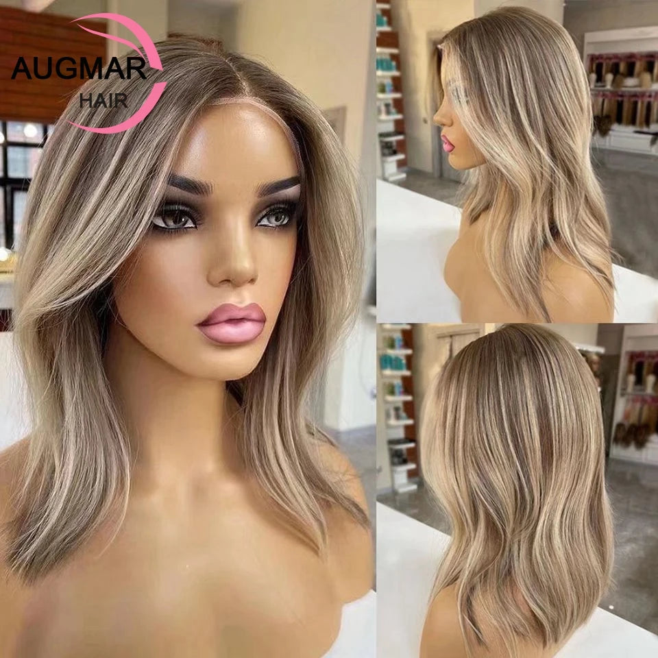 Brown Ash Blonde Highlight Wig – Short 360 Lace Frontal Human Hair Wig for Women, 13x6 HD Transparent Lace Front, Pre-Plucked Virgin Brazilian Hair