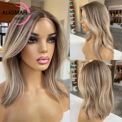 Brown Ash Blonde Highlight Wig – Short 360 Lace Frontal Human Hair Wig for Women, 13x6 HD Transparent Lace Front, Pre-Plucked Virgin Brazilian Hair