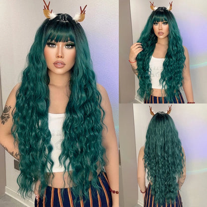 Blonde Synthetic Cosplay Wig - Long Curly White Wig with Bangs for Black Women - Heat-Resistant Fiber Water Wave Hair