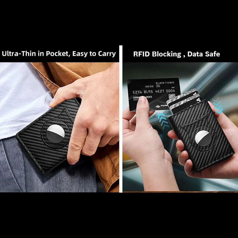 Men’s Carbon Fiber Rfid Wallet With Airtag Holder – Trifold Leather Pop-Up Card Holder, Magnetic Card Clip & Zipper Coin Pocket
