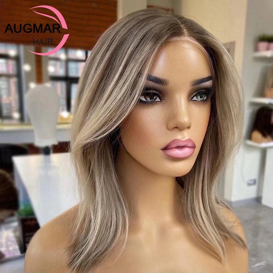 Brown Ash Blonde Highlight Wig – Short 360 Lace Frontal Human Hair Wig for Women, 13x6 HD Transparent Lace Front, Pre-Plucked Virgin Brazilian Hair