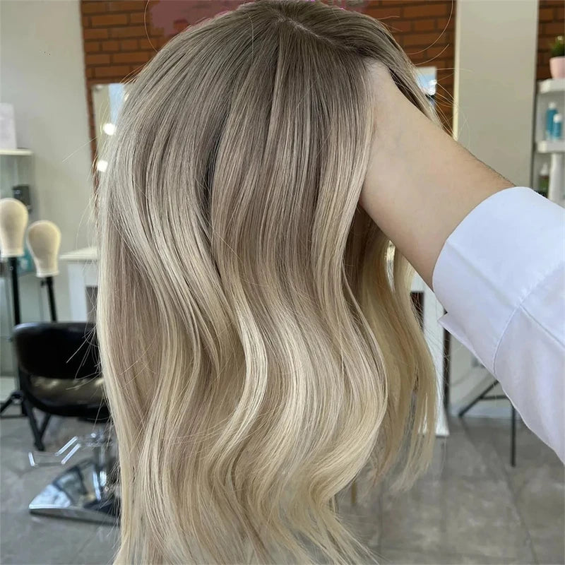 14 Inch Brown Highlight Bob Wig – Wavy Synthetic Lace Front Wig with Dark Roots, Ash Blonde, Pre-Plucked, Daily Use Wig for Women