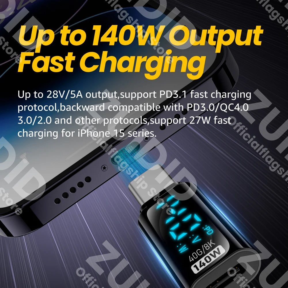 Transparent LED Display USB4.0 Type-C OTG Adapter | 40Gbps, 8K@60Hz, PD140W Fast Charging Cable for iPhone 15/14 & MacBook Pro