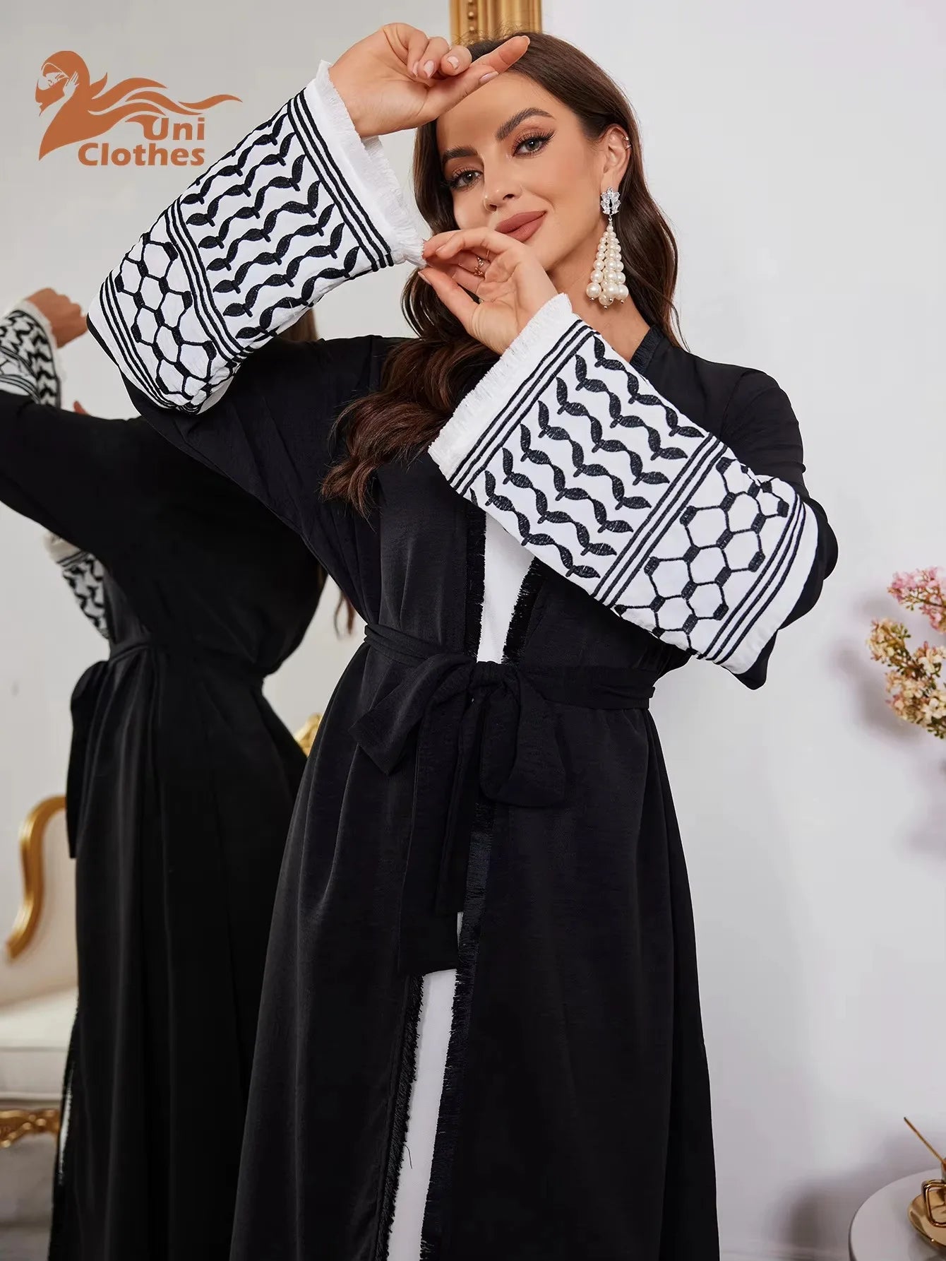 Abaya Kimono – Luxury Muslim Dubai Kaftan With Keffiyeh Embroidery & Tassels - Open Cardigan Dress For Women