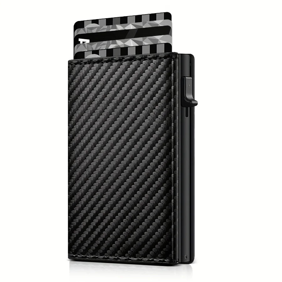 Men’s Carbon Fiber Rfid Wallet With Airtag Holder – Trifold Leather Pop-Up Card Holder, Magnetic Card Clip & Zipper Coin Pocket