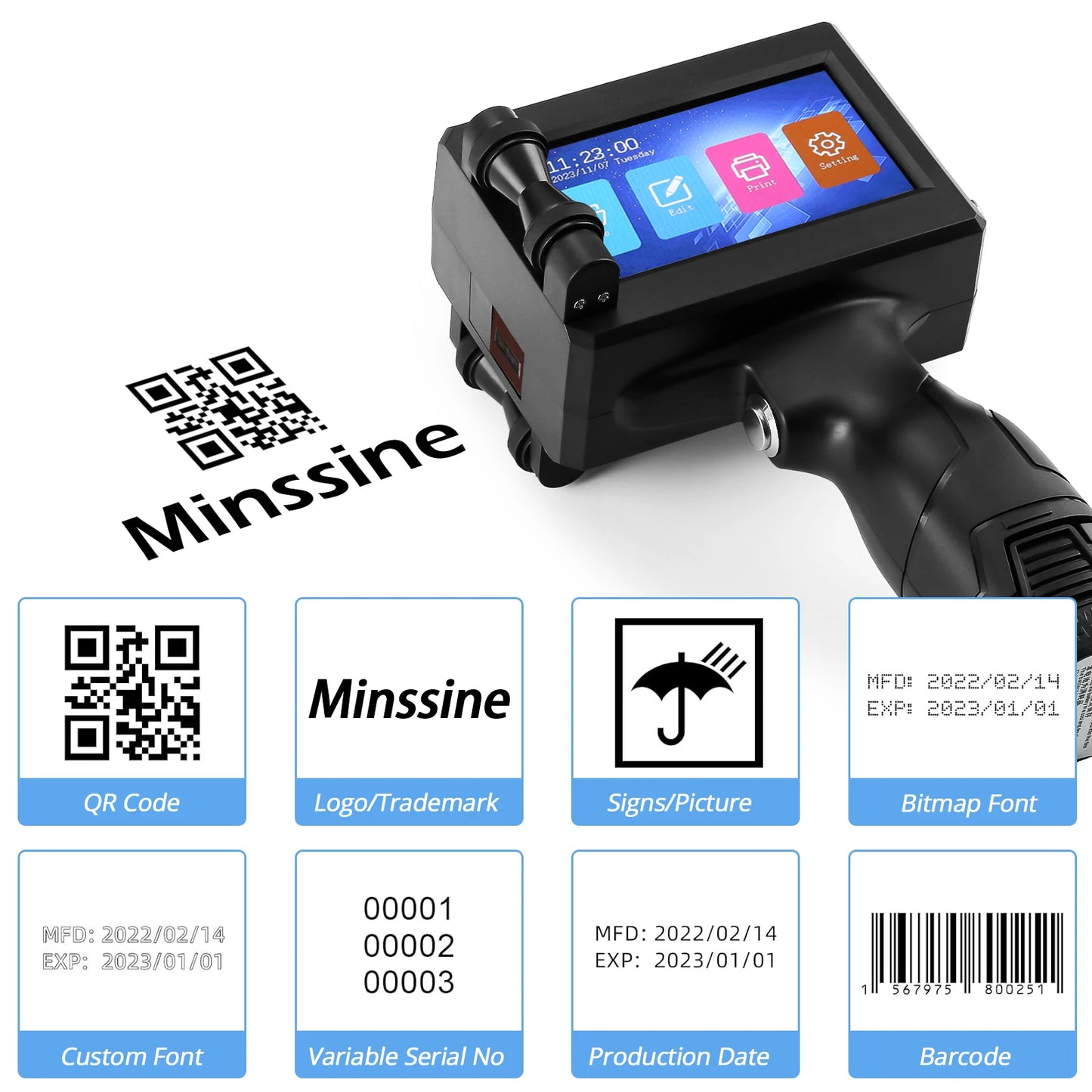 Handheld Inkjet Printer - 12.7/25.4mm QR, Barcode & Logo Coding Machine - Multi-Language, Expiry Date Printer