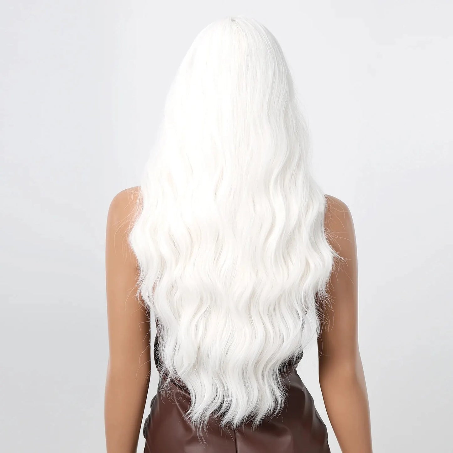 Blonde Synthetic Cosplay Wig - Long Curly White Wig with Bangs for Black Women - Heat-Resistant Fiber Water Wave Hair