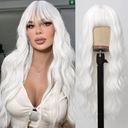 Blonde Synthetic Cosplay Wig - Long Curly White Wig with Bangs for Black Women - Heat-Resistant Fiber Water Wave Hair