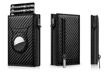 Men’s Carbon Fiber Rfid Wallet With Airtag Holder – Trifold Leather Pop-Up Card Holder, Magnetic Card Clip & Zipper Coin Pocket