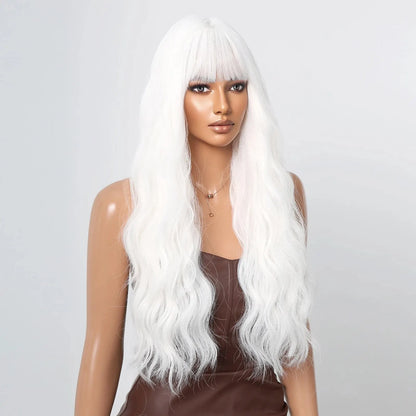 Blonde Synthetic Cosplay Wig - Long Curly White Wig with Bangs for Black Women - Heat-Resistant Fiber Water Wave Hair