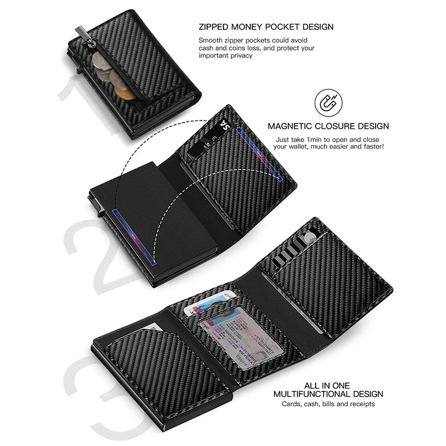 Men’s Carbon Fiber Rfid Wallet With Airtag Holder – Trifold Leather Pop-Up Card Holder, Magnetic Card Clip & Zipper Coin Pocket
