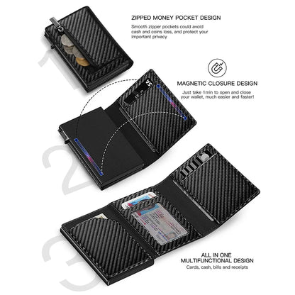 Men’s Carbon Fiber Rfid Wallet With Airtag Holder – Trifold Leather Pop-Up Card Holder, Magnetic Card Clip & Zipper Coin Pocket