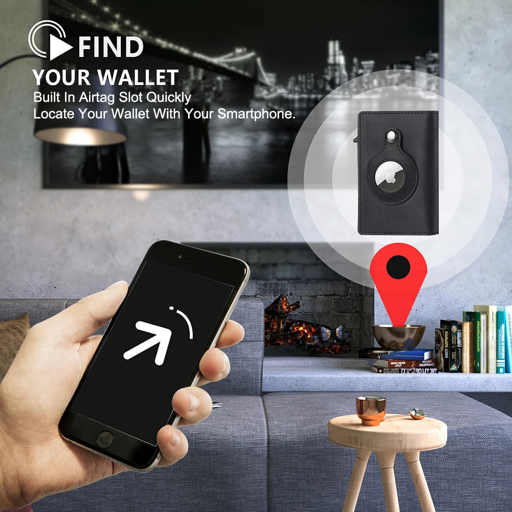 Genuine Cow Leather Airtag Wallet For Men – Rfid Blocking Slim Pop-Up Card Holder With Magnetic Closure, Minimalist Smart Wallet