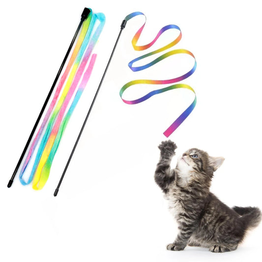 Interactive Cat Rainbow Wand Toys – 2Pcs Colorful Ribbon Charmer for Kittens