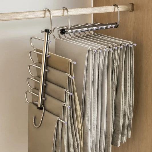 Folding Magic Pants Hangers - 5/9 Layers Stainless Steel Space-Saving Clothes Rack Organizer for Wardrobe, Jeans & Trousers