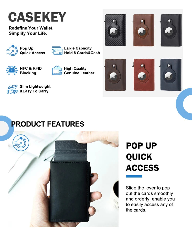 Genuine Cow Leather Airtag Wallet For Men – Rfid Blocking Slim Pop-Up Card Holder With Magnetic Closure, Minimalist Smart Wallet