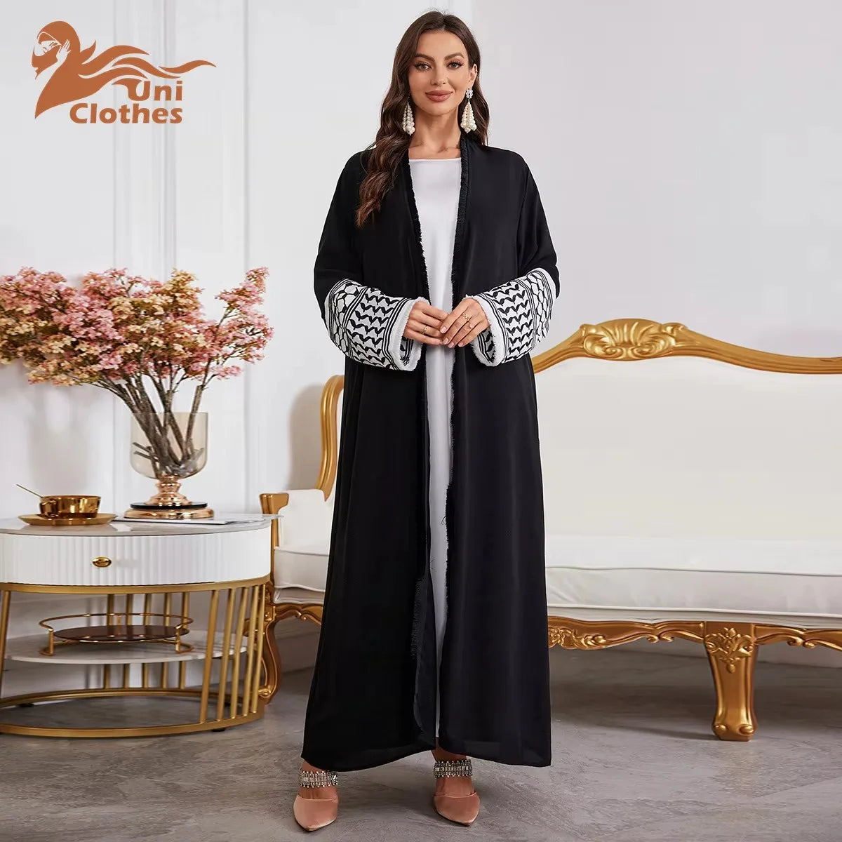 Abaya Kimono – Luxury Muslim Dubai Kaftan With Keffiyeh Embroidery & Tassels - Open Cardigan Dress For Women